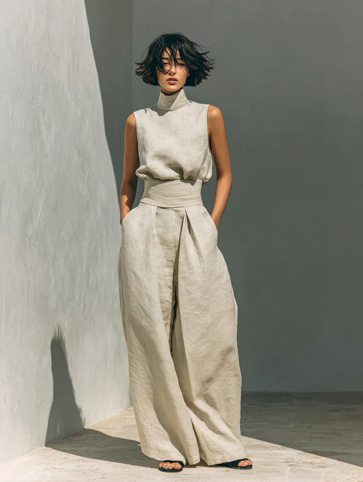 Flor™ | Minimalist Two-Piece Set of Sleeveless Blouse and Wide-Leg Pants in Cotton and Linen for Women