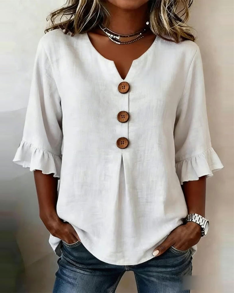 Sophia | Solid Color Blouse with Buttons and Ruffles