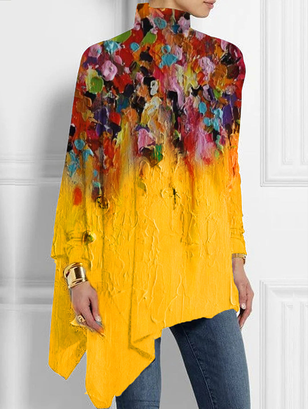 Oversized High Neck Top Lightweight Crinkled Fabric