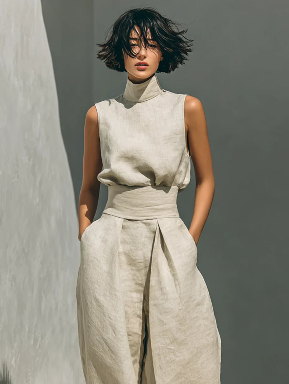 Flor™ | Minimalist Two-Piece Set of Sleeveless Blouse and Wide-Leg Pants in Cotton and Linen for Women