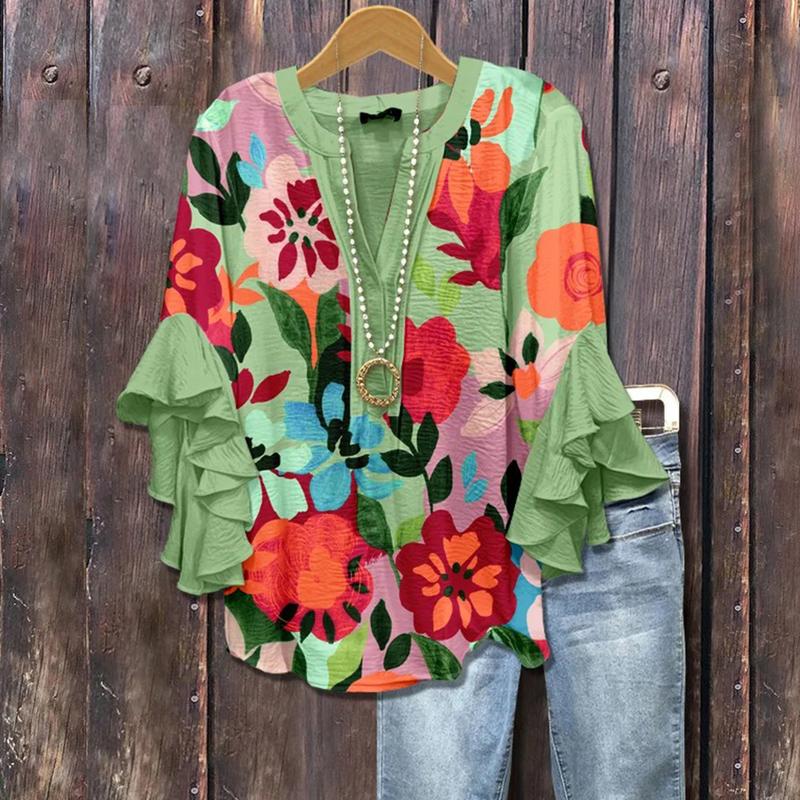 BELINA™ – Classy Vintage Retro Floral Ruffle Top