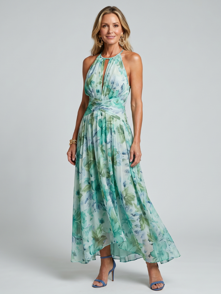 Portia | Pleated Halter Soft Floral Midi Dress