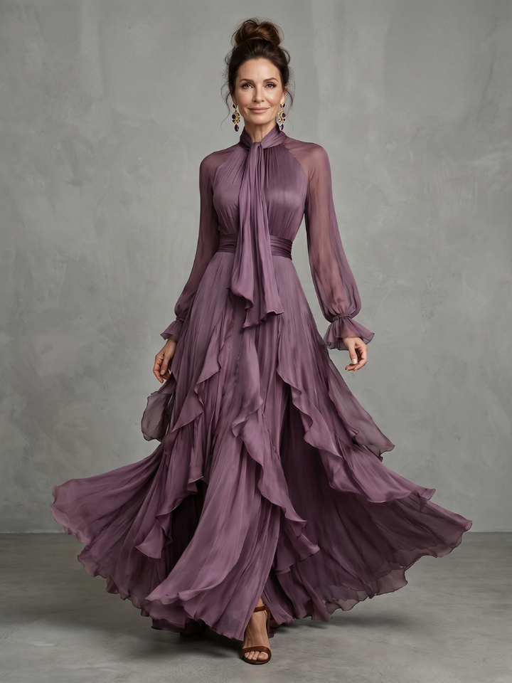 Demetria | Maxi Dress with Ruffle Details and Tie Neck