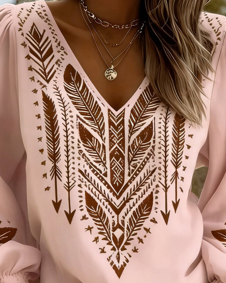 Voluminous Sleeve Blouse with Wide V-Neck