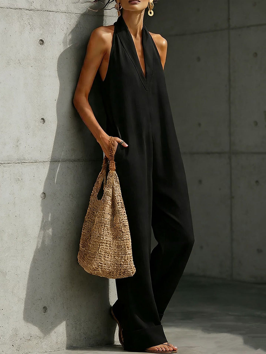High Waisted Sleeveless Pockets Solid Color V-Neck Jumpsuits