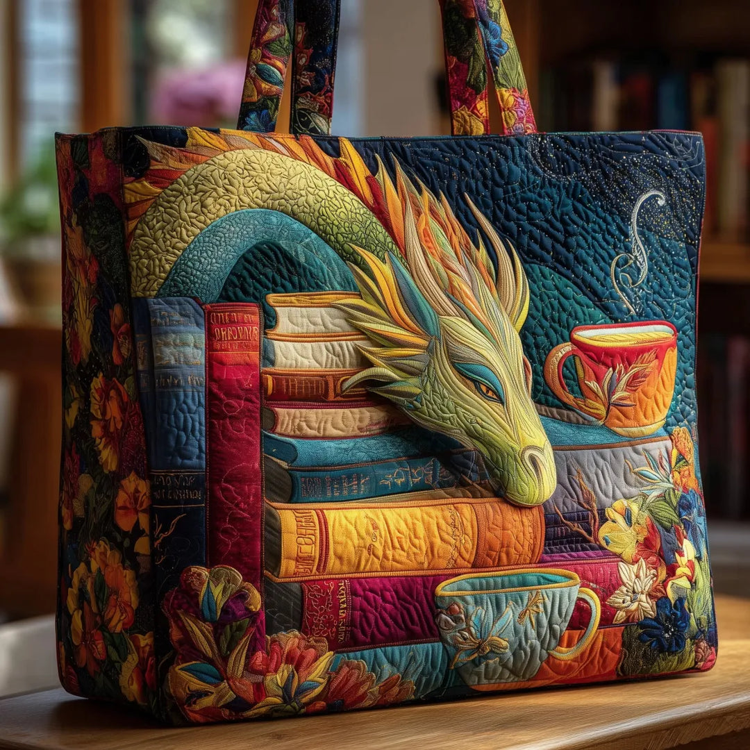 Handmade Dragon Tote Bag with Books and Mugs
