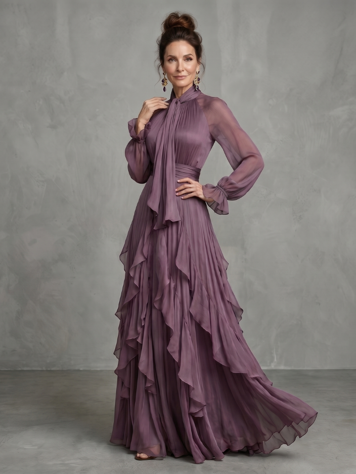 Demetria | Maxi Dress with Ruffle Details and Tie Neck
