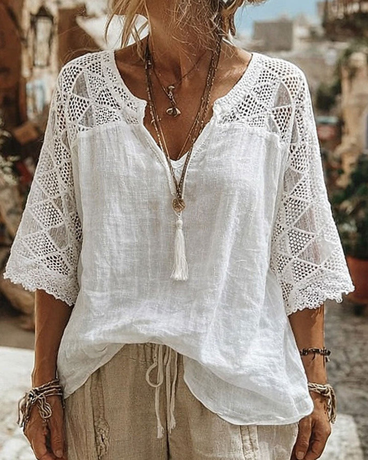 V-Neck Blouse with Lace Detail