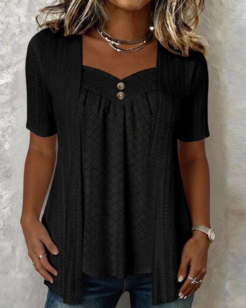 Falsa Square Collar Short Sleeve Chemisier Patchwork