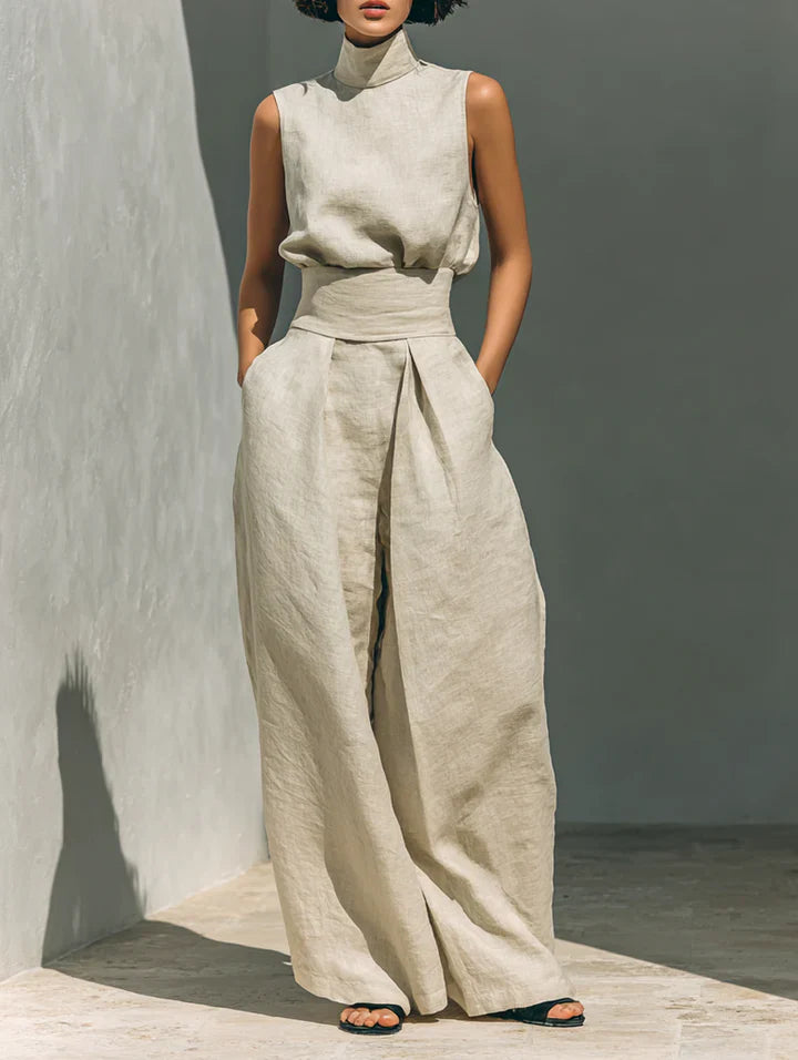 Flor™ | Minimalist Two-Piece Set of Sleeveless Blouse and Wide-Leg Pants in Cotton and Linen for Women