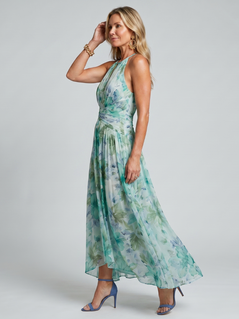 Portia | Pleated Halter Soft Floral Midi Dress