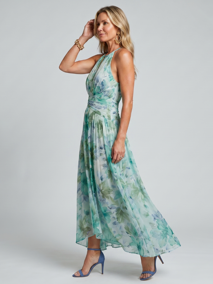 Portia | Pleated Halter Soft Floral Midi Dress