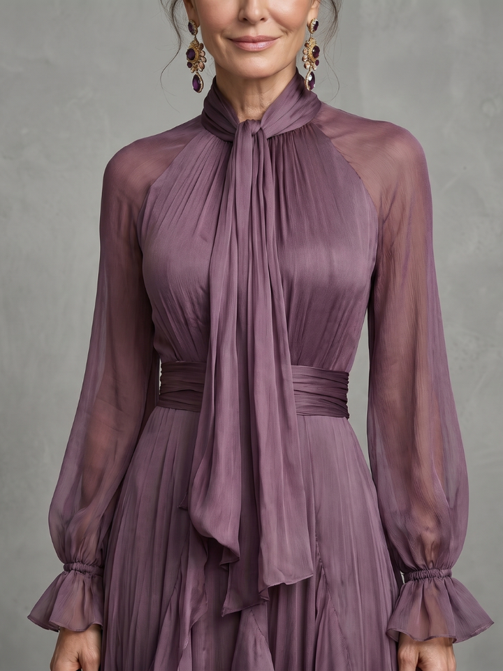 Demetria | Maxi Dress with Ruffle Details and Tie Neck