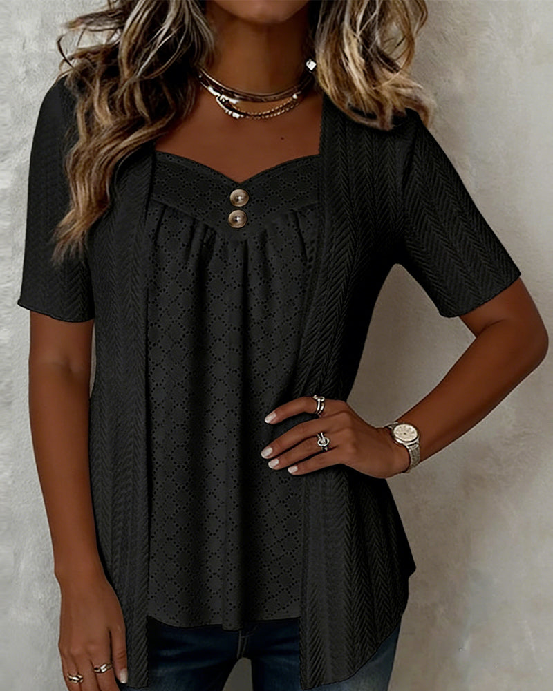 Falsa Square Collar Short Sleeve Chemisier Patchwork