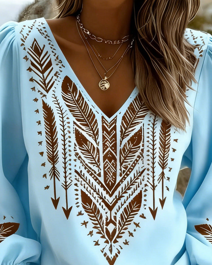 Voluminous Sleeve Blouse with Wide V-Neck
