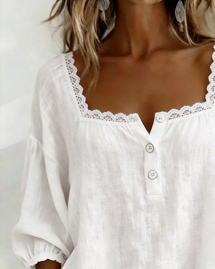 Lace Blouse with Square Neckline and Puff Sleeves