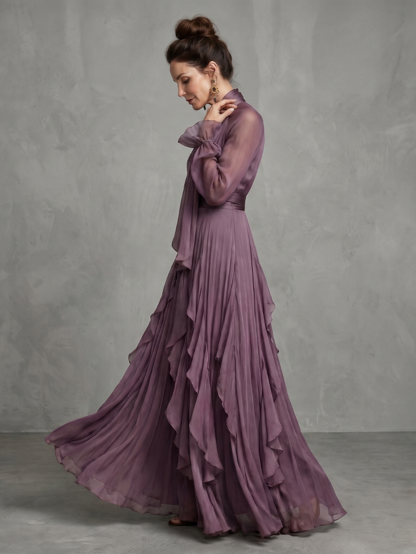 Demetria | Maxi Dress with Ruffle Details and Tie Neck