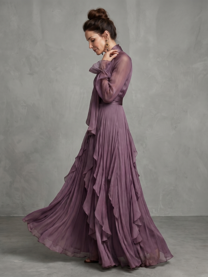 Demetria | Maxi Dress with Ruffle Details and Tie Neck