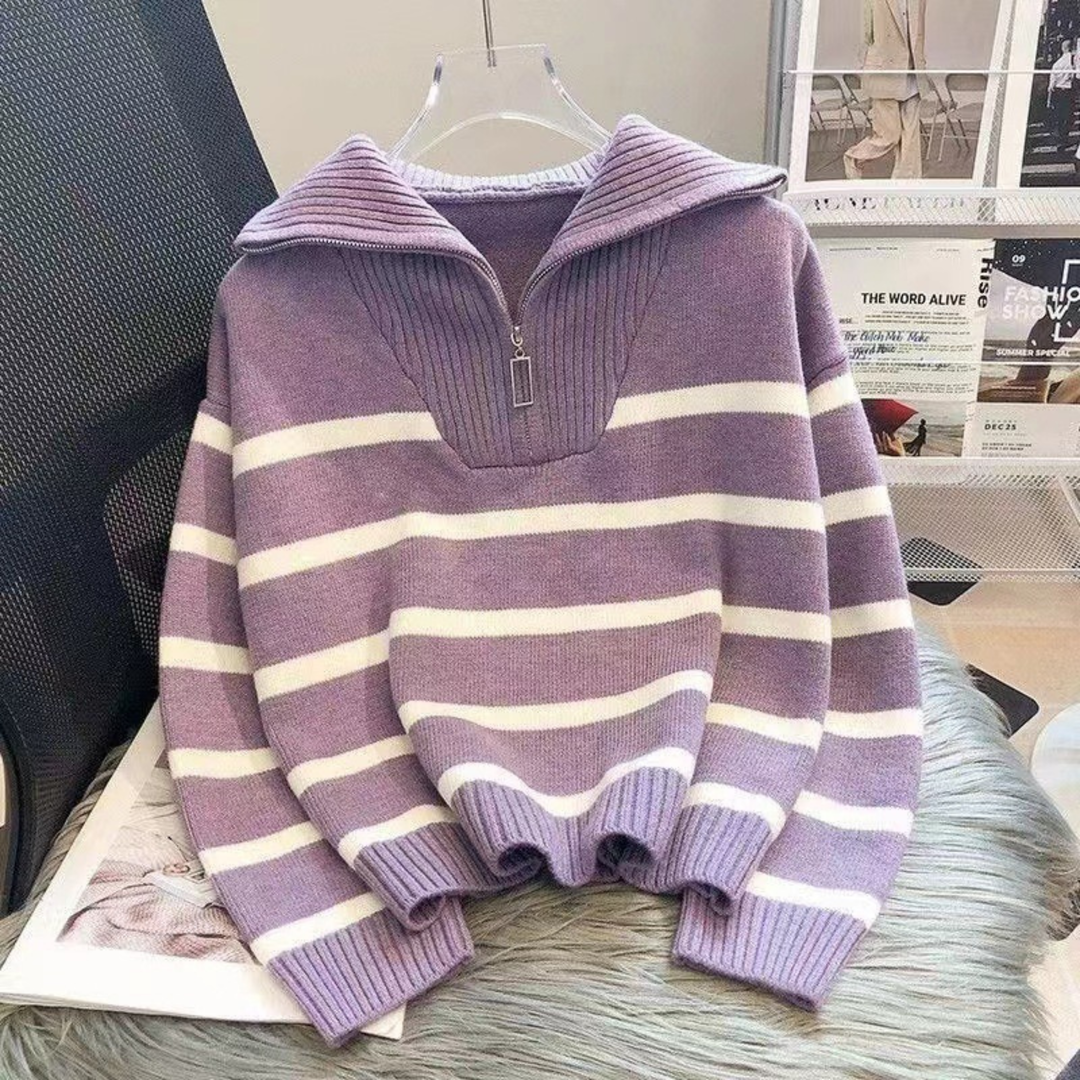 NEVAEH™ - Chic Striped Long Sleeve Collared Top