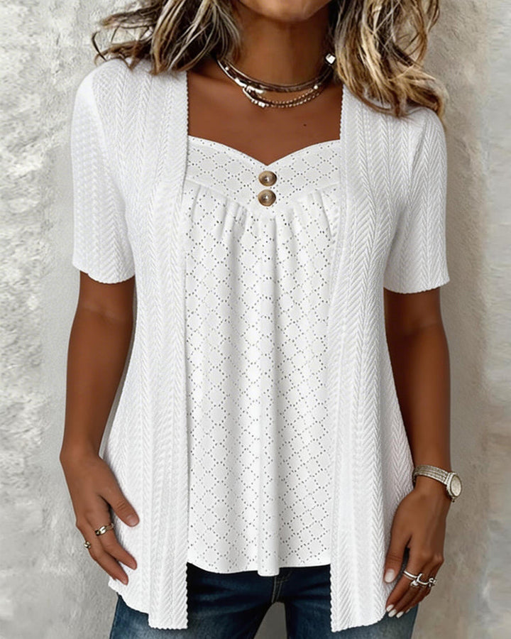 Falsa Square Collar Short Sleeve Chemisier Patchwork