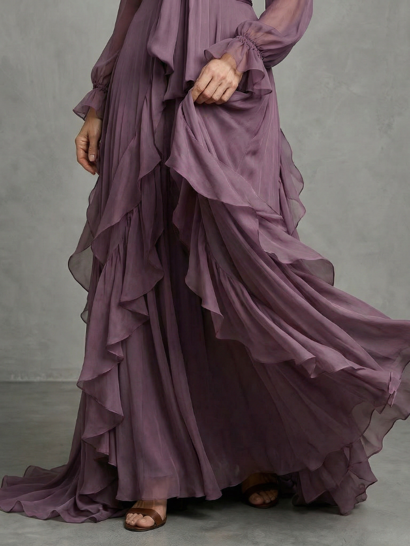 Demetria | Maxi Dress with Ruffle Details and Tie Neck
