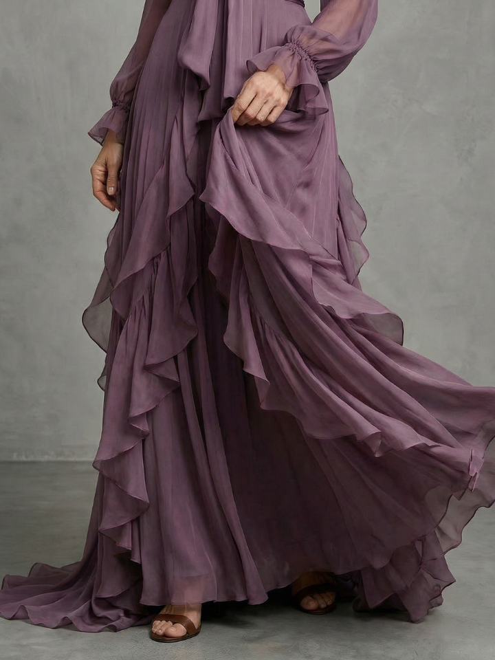 Demetria | Maxi Dress with Ruffle Details and Tie Neck
