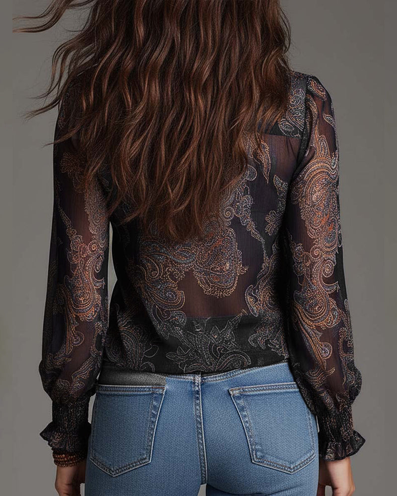 Demi-Zip Ruffle Retro Blouse