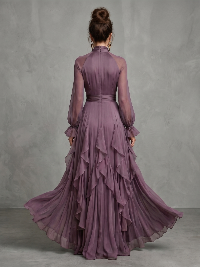 Demetria | Maxi Dress with Ruffle Details and Tie Neck