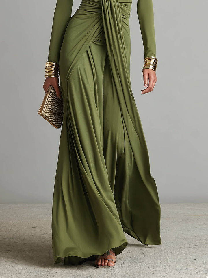 Olive Silk Maxi Dress with V-Neck