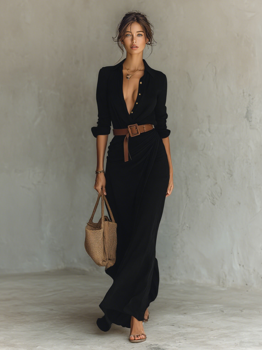 Maxi Dress with Notch Collar Long Sleeve