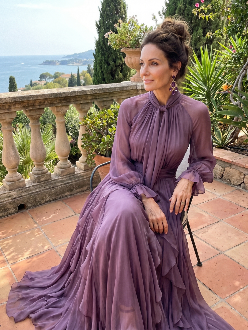 Demetria | Maxi Dress with Ruffle Details and Tie Neck
