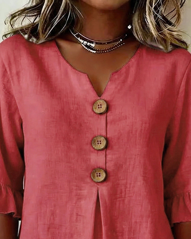 Sophia | Solid Color Blouse with Buttons and Ruffles