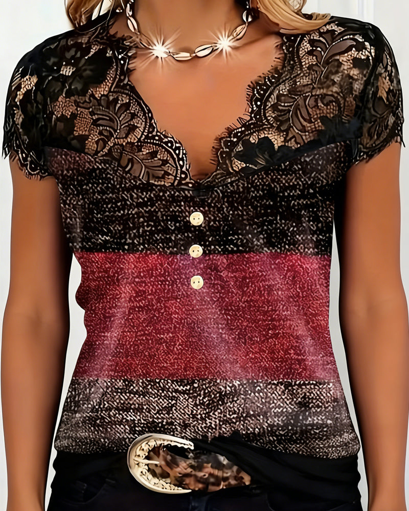 V-Neck T-Shirt with Lace and Colorful Patchwork