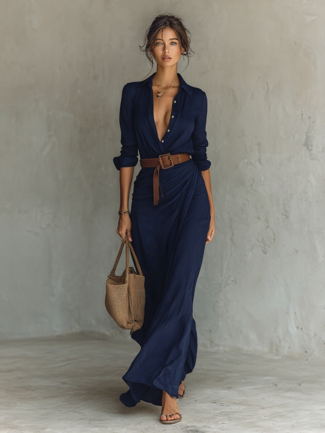 Maxi Dress with Notch Collar Long Sleeve