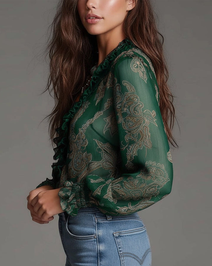 Demi-Zip Ruffle Retro Blouse