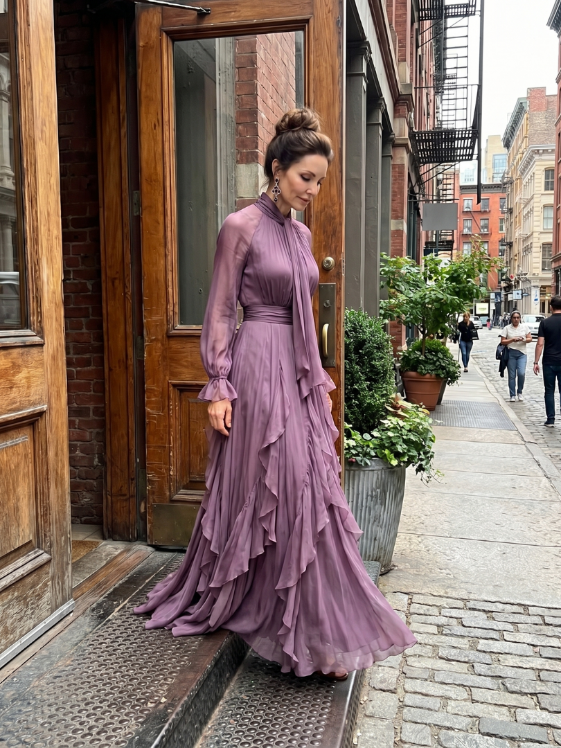 Demetria | Maxi Dress with Ruffle Details and Tie Neck