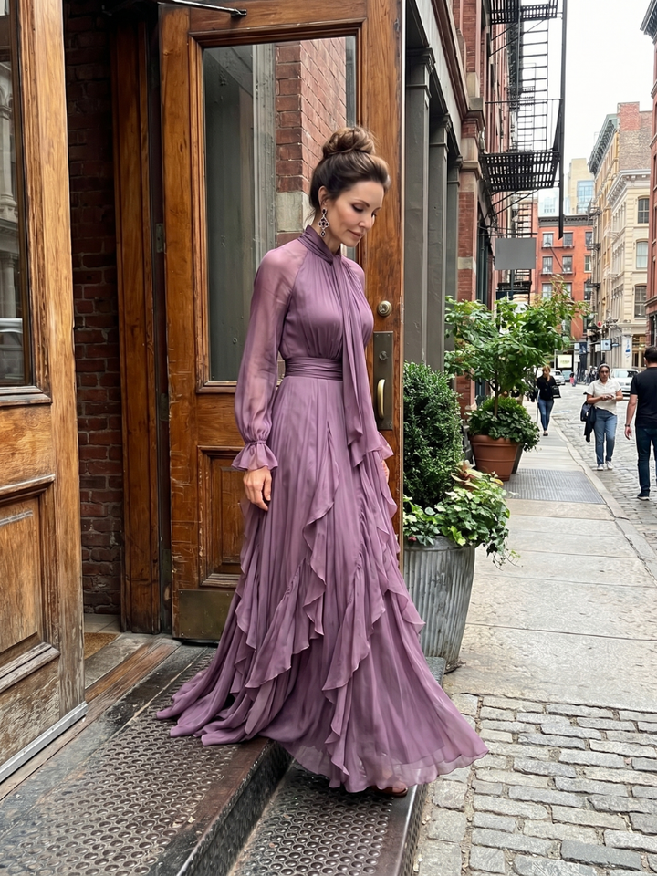Demetria | Maxi Dress with Ruffle Details and Tie Neck