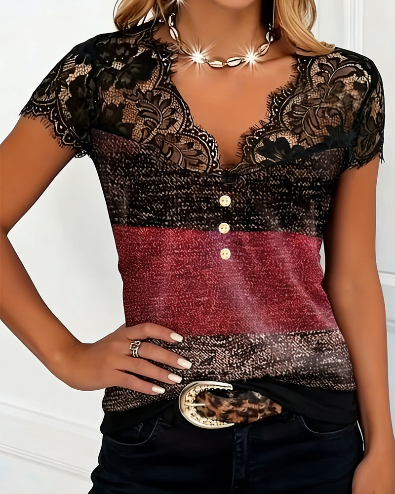 V-Neck T-Shirt with Lace and Colorful Patchwork