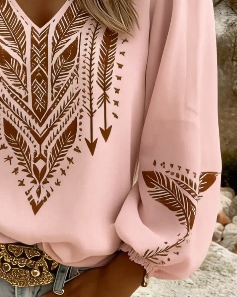 Voluminous Sleeve Blouse with Wide V-Neck