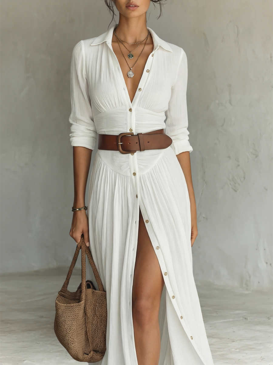 Linen Maxi Dress with Notched Collar and Long Sleeves