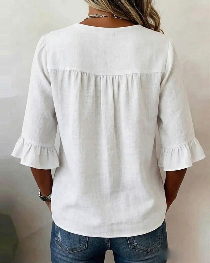 Sophia | Solid Color Blouse with Buttons and Ruffles
