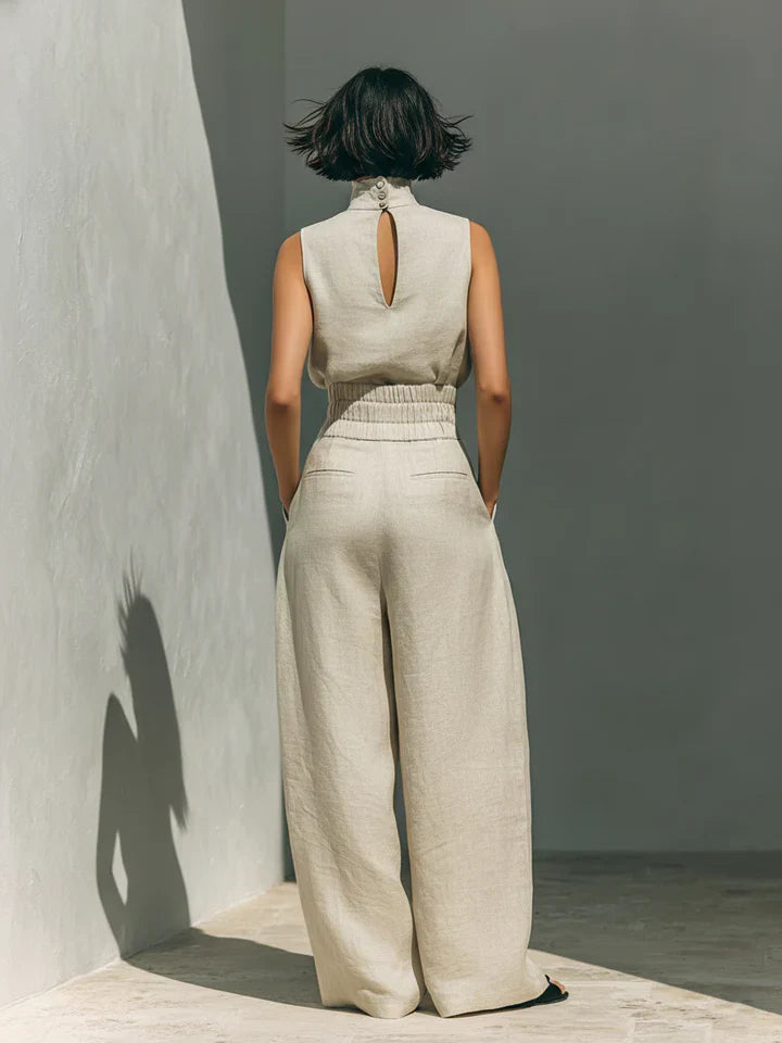 Flor™ | Minimalist Two-Piece Set of Sleeveless Blouse and Wide-Leg Pants in Cotton and Linen for Women