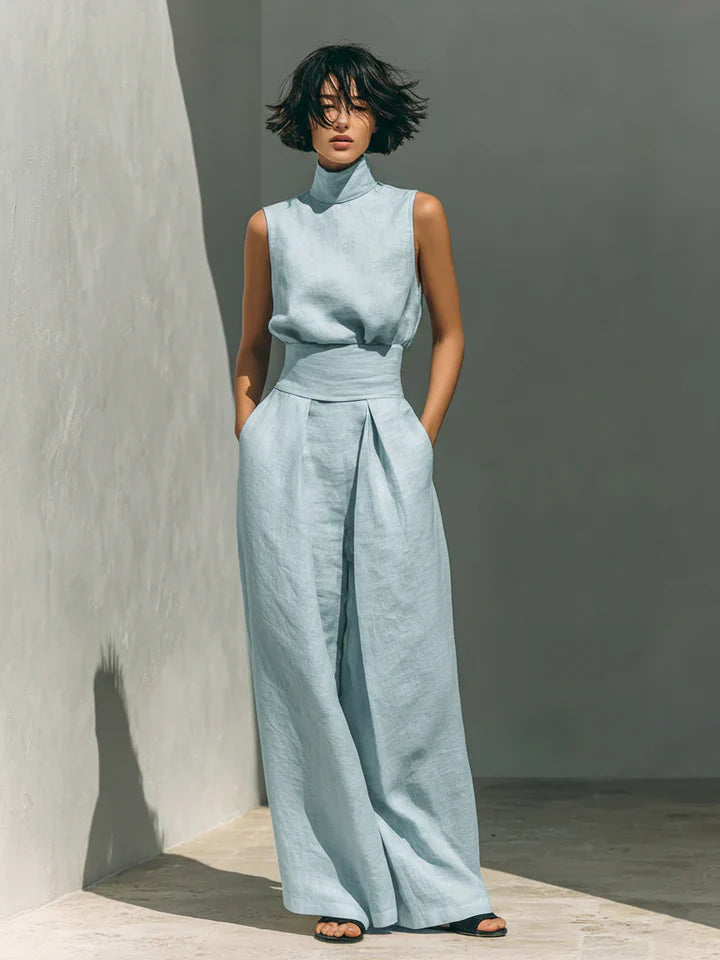Flor™ | Minimalist Two-Piece Set of Sleeveless Blouse and Wide-Leg Pants in Cotton and Linen for Women