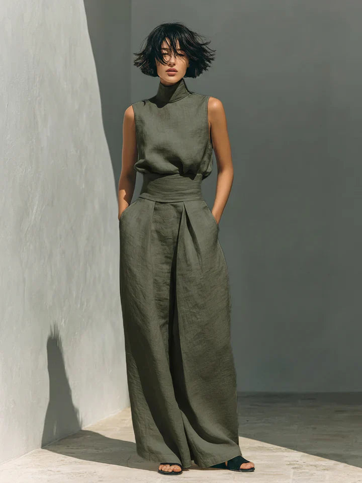 Flor™ | Minimalist Two-Piece Set of Sleeveless Blouse and Wide-Leg Pants in Cotton and Linen for Women