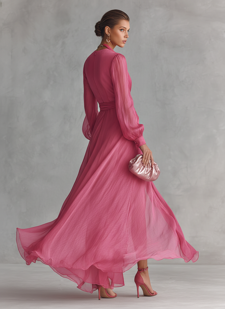 Pink Chiffon Dress V-Neck