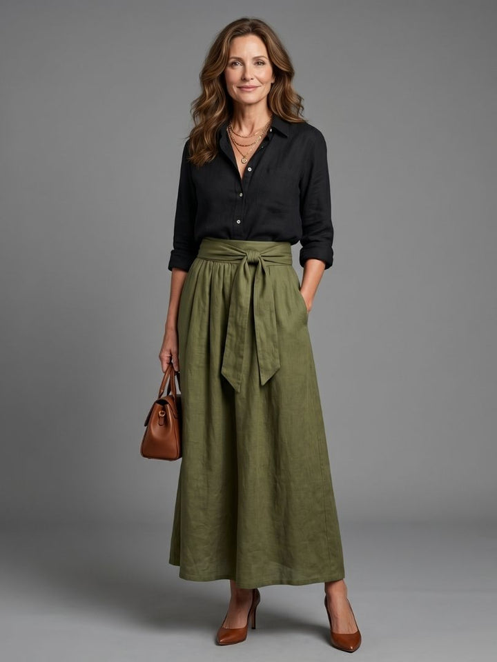 Vera | Two-Piece Set Black Blouse & Olive Green Midi Skirt