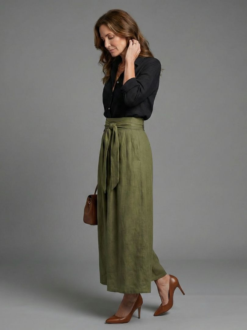 Vera | Two-Piece Set Black Blouse & Olive Green Midi Skirt