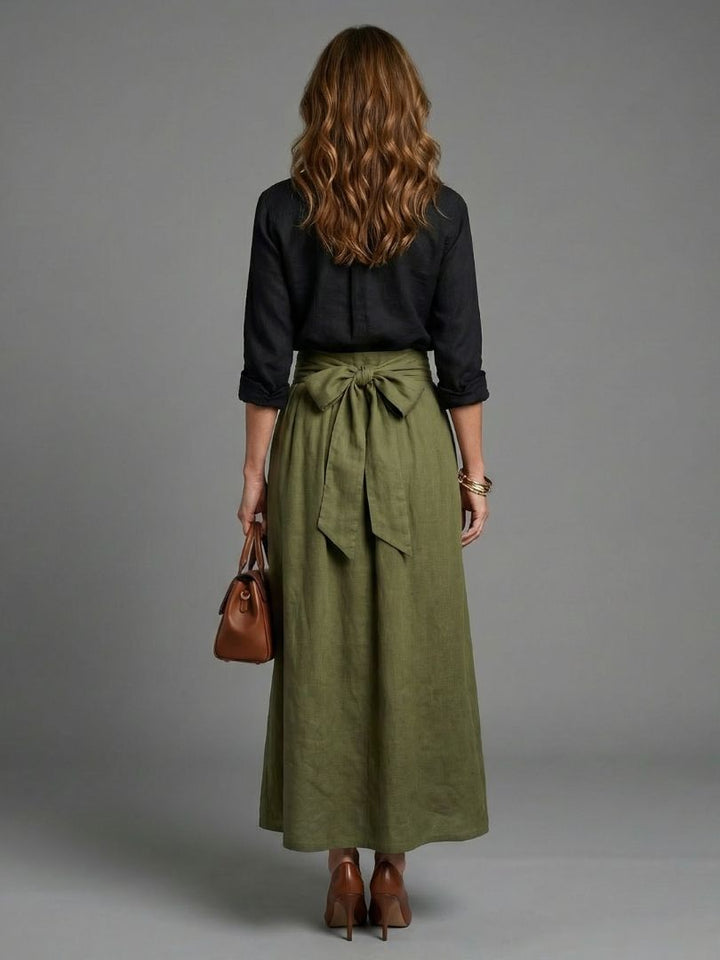 Vera | Two-Piece Set Black Blouse & Olive Green Midi Skirt