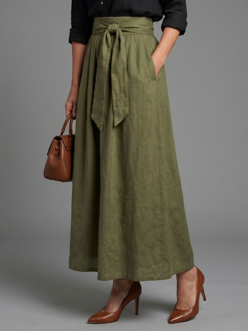 Vera | Two-Piece Set Black Blouse & Olive Green Midi Skirt