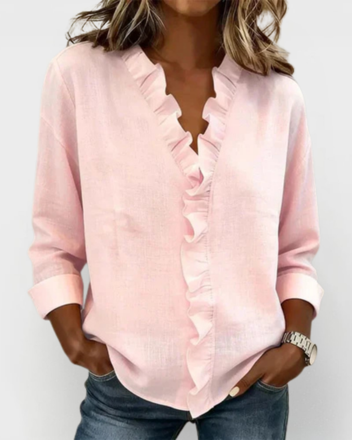 Susan | Blouse with Ruffles, V-Neck and Long Sleeves
